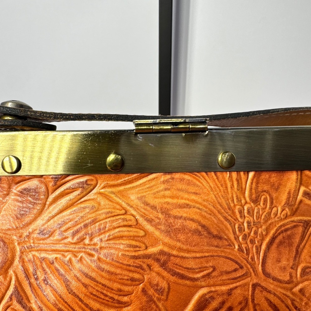 Patricia Nash Ferrara Frame Satchel Bag Tan Floral Embossed Genuine Leather - Picture 13 of 16